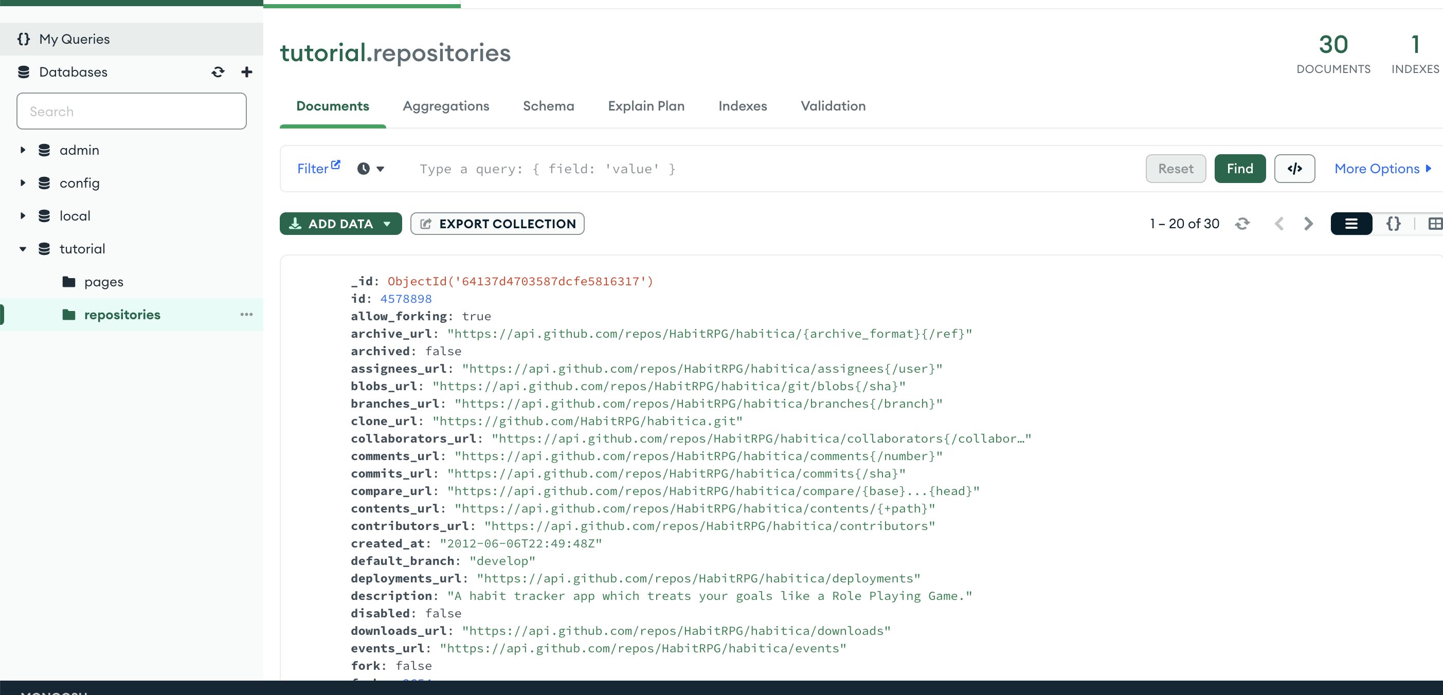 the GitHub REST API - MongoDB Compass