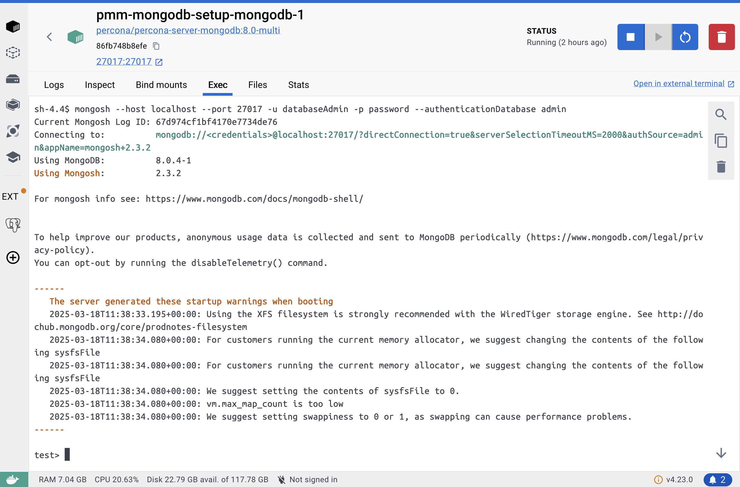 Percona Monitoring and Management (PMM) 3.0.0 - Docker Desktop MongoDB Connect