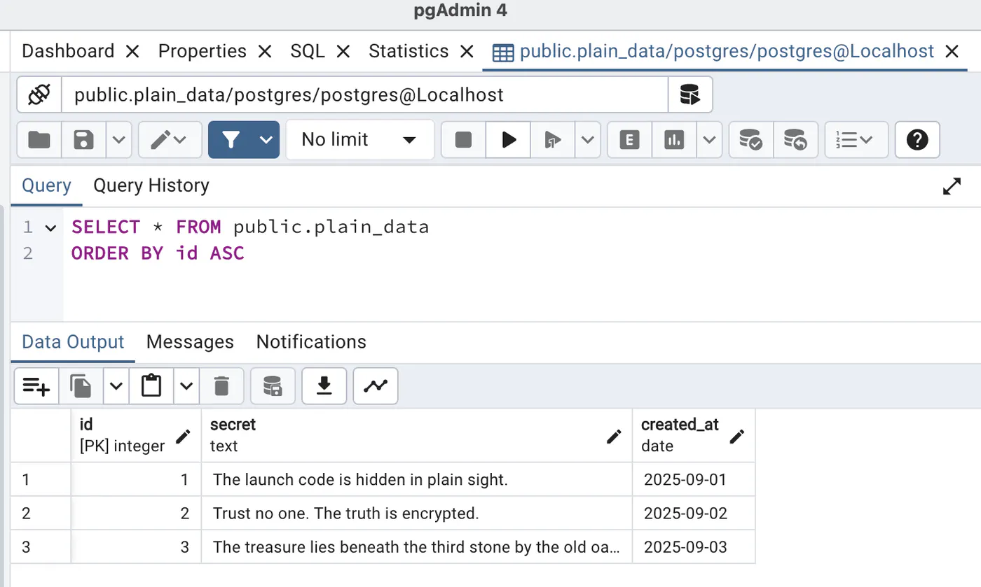 PG_TDE - Docker - Data from the unencrypted table plain_data