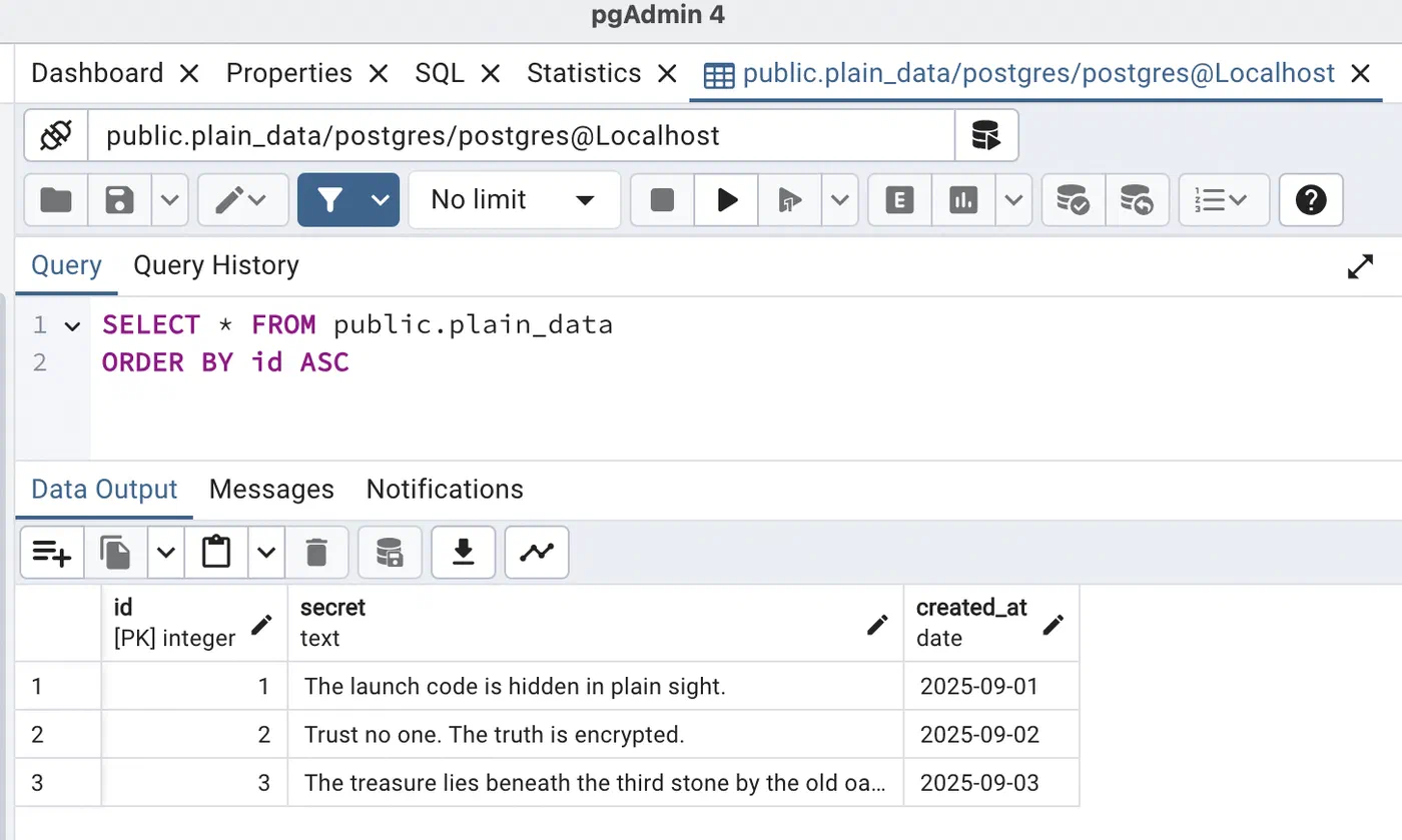 PG_TDE - Docker - Data from the unencrypted table plain_data