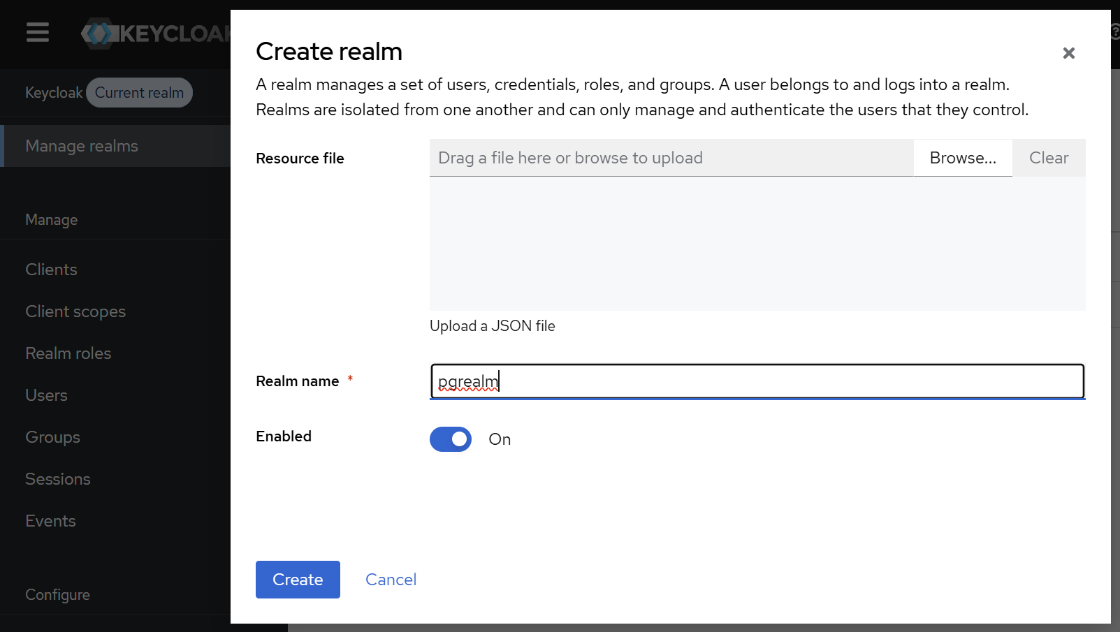 Creating a new realm in Keycloak