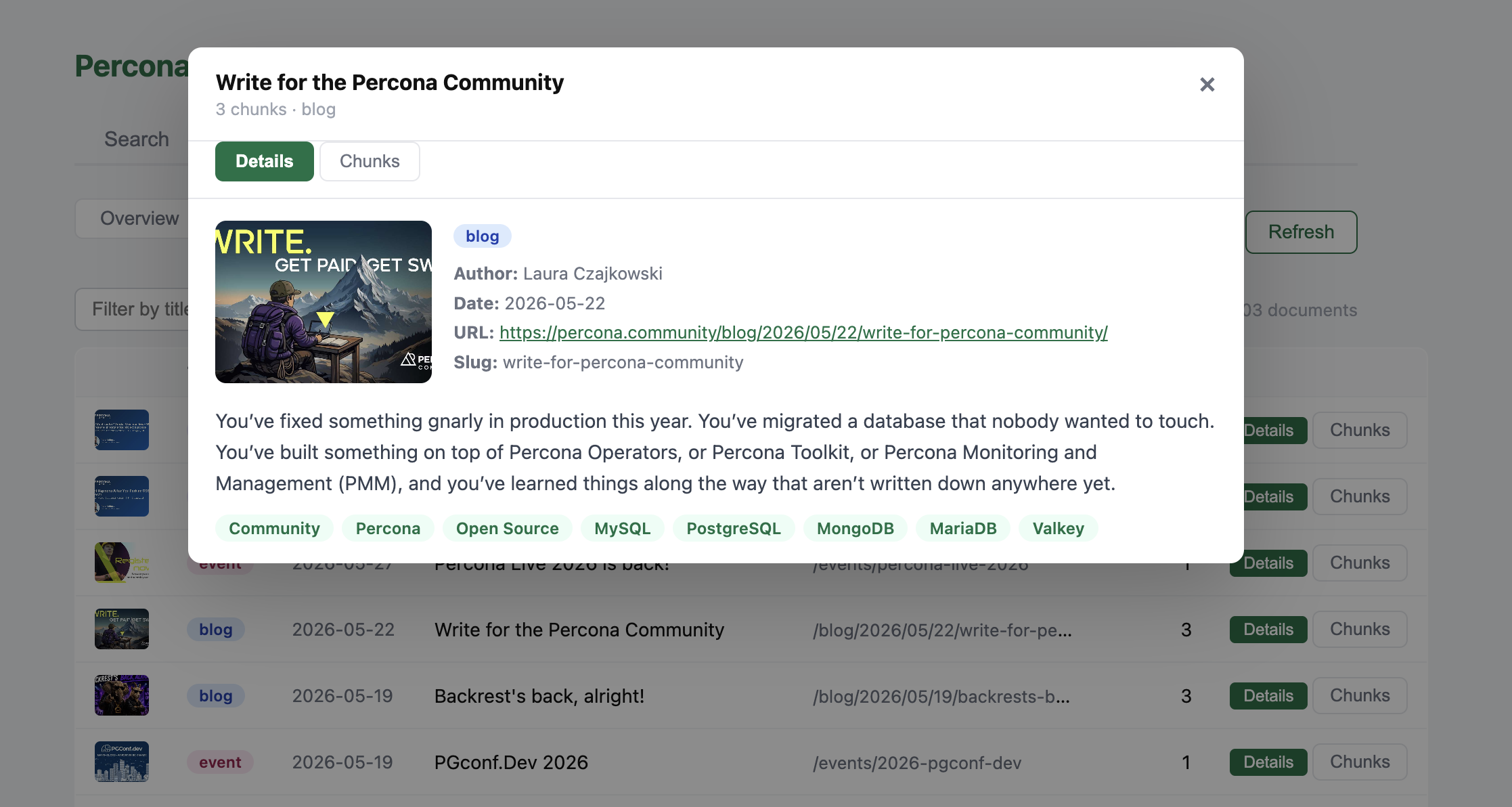 Admin dashboard, document details (pages) and chunks