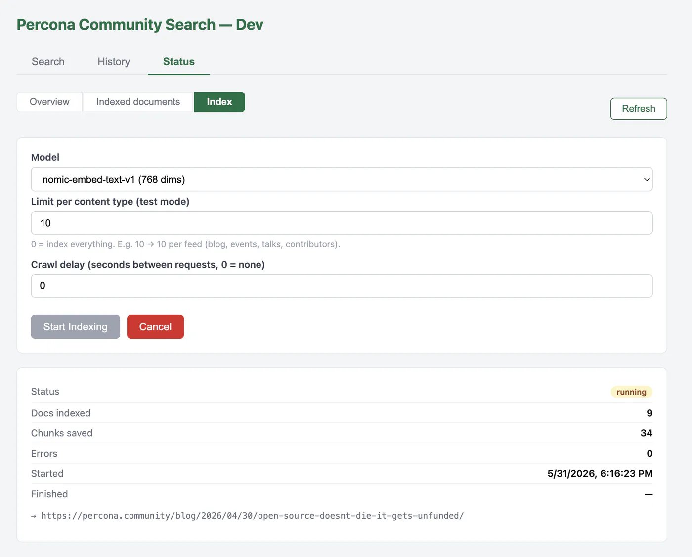 Admin dashboard - Index Running