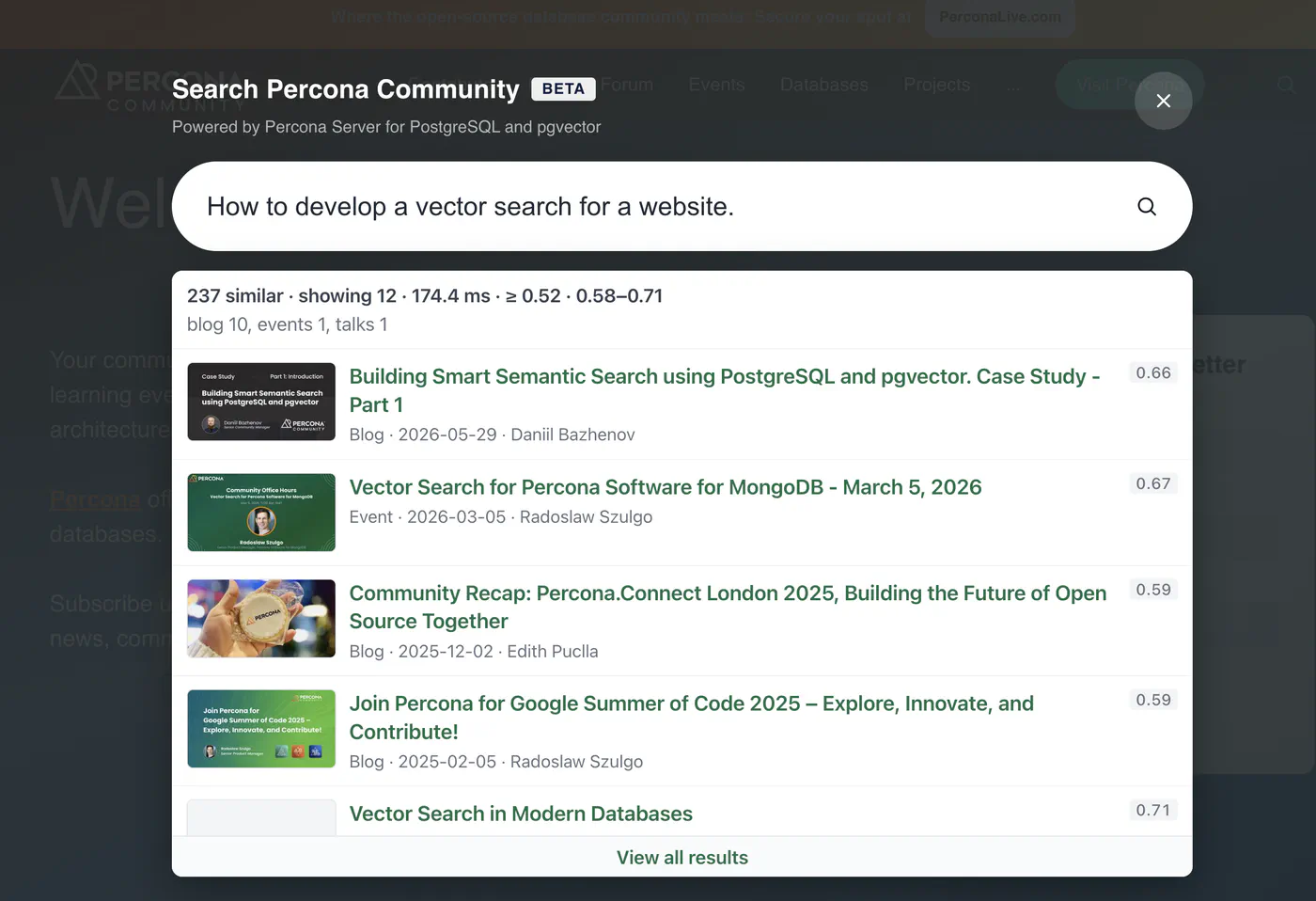 Percona.community website search