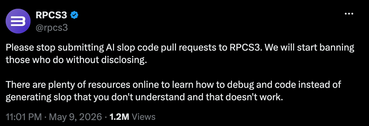 RPCS3 plead to vibe coders social media post