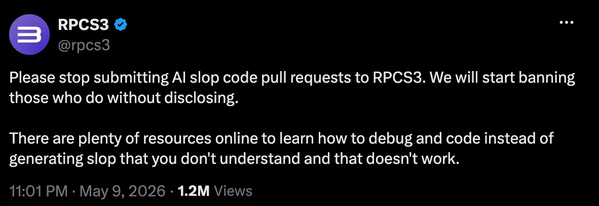 RPCS3 plead to vibe coders social media post
