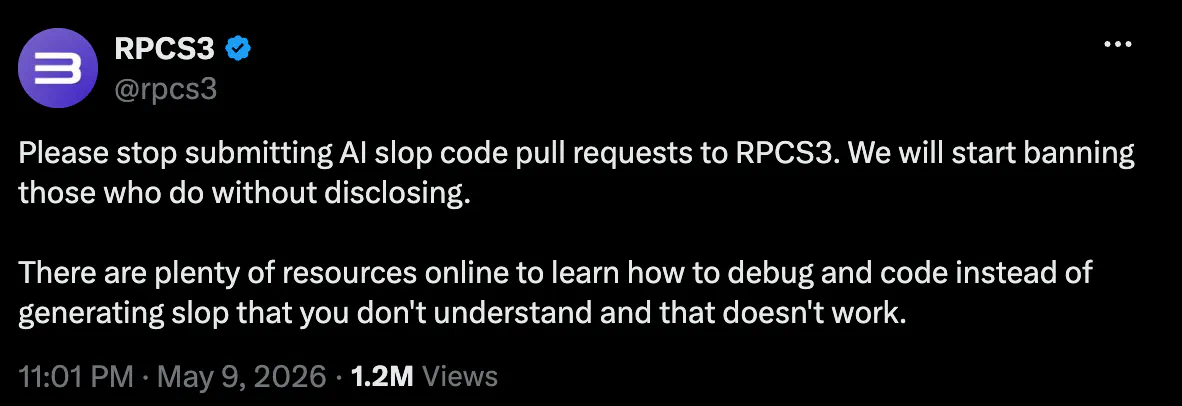 RPCS3 plead to vibe coders social media post