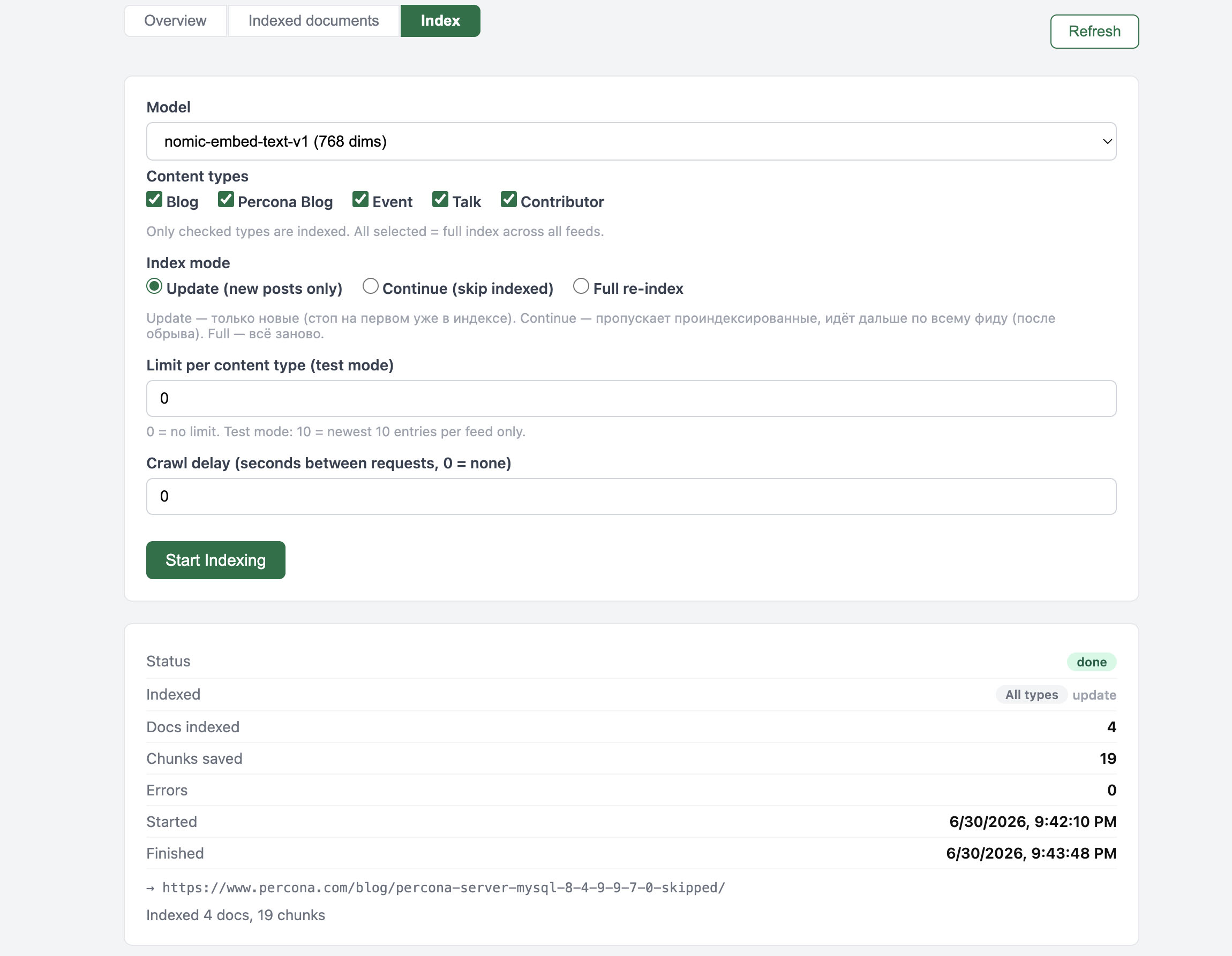 Percona Blog indexing, progress log and current URL