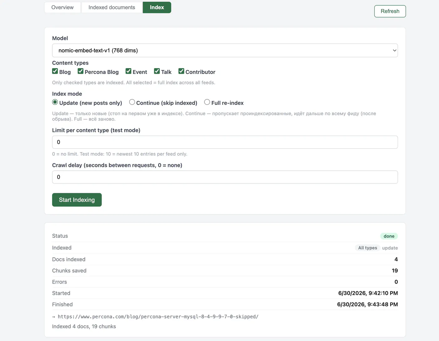 Percona Blog indexing, progress log and current URL