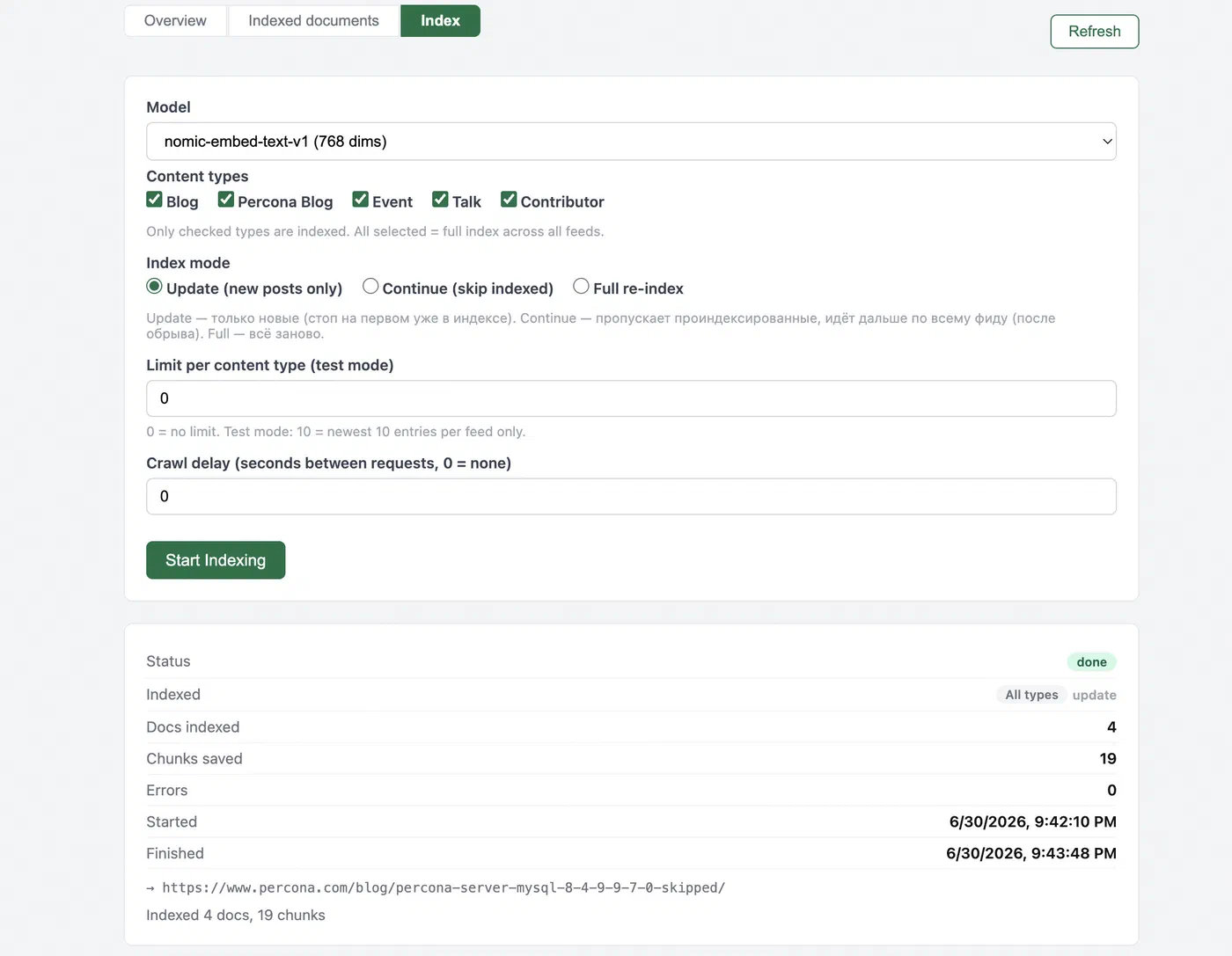 Percona Blog indexing, progress log and current URL