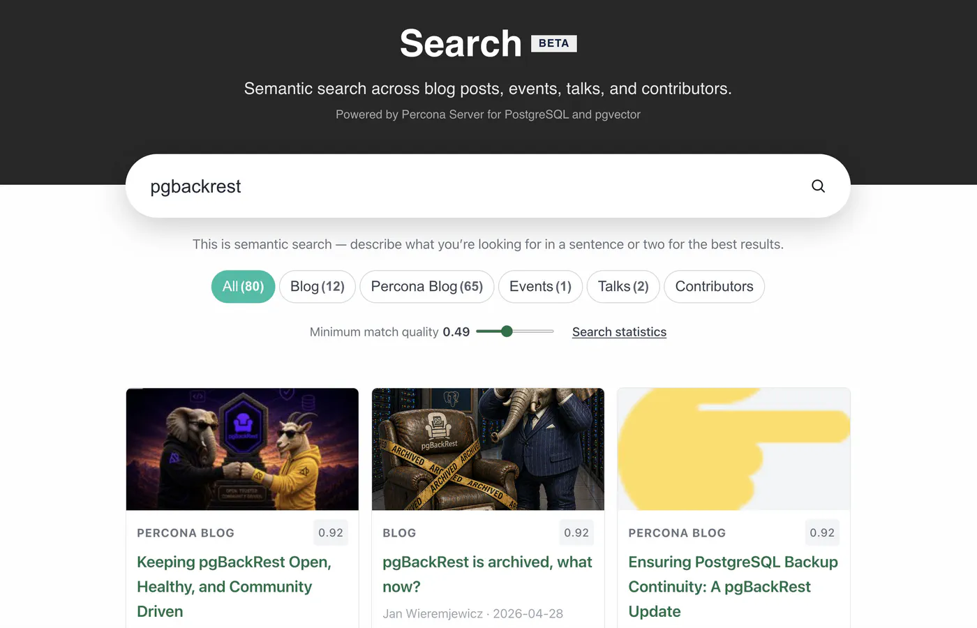 Search page with pgbackrest, filter tabs and match quality slider
