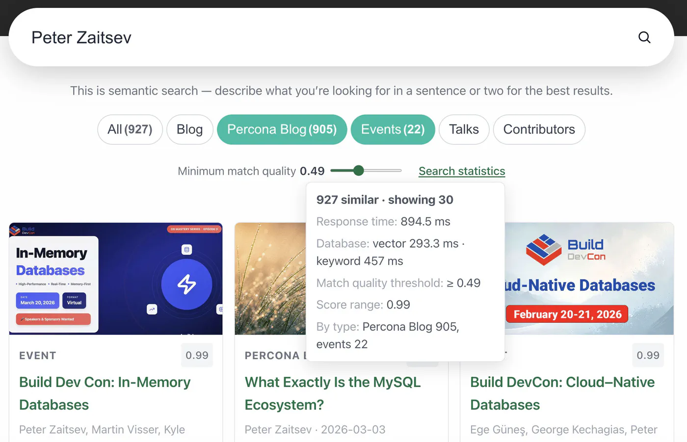 Search statistics for Peter Zaitsev, timings, hybrid split, tab match counts
