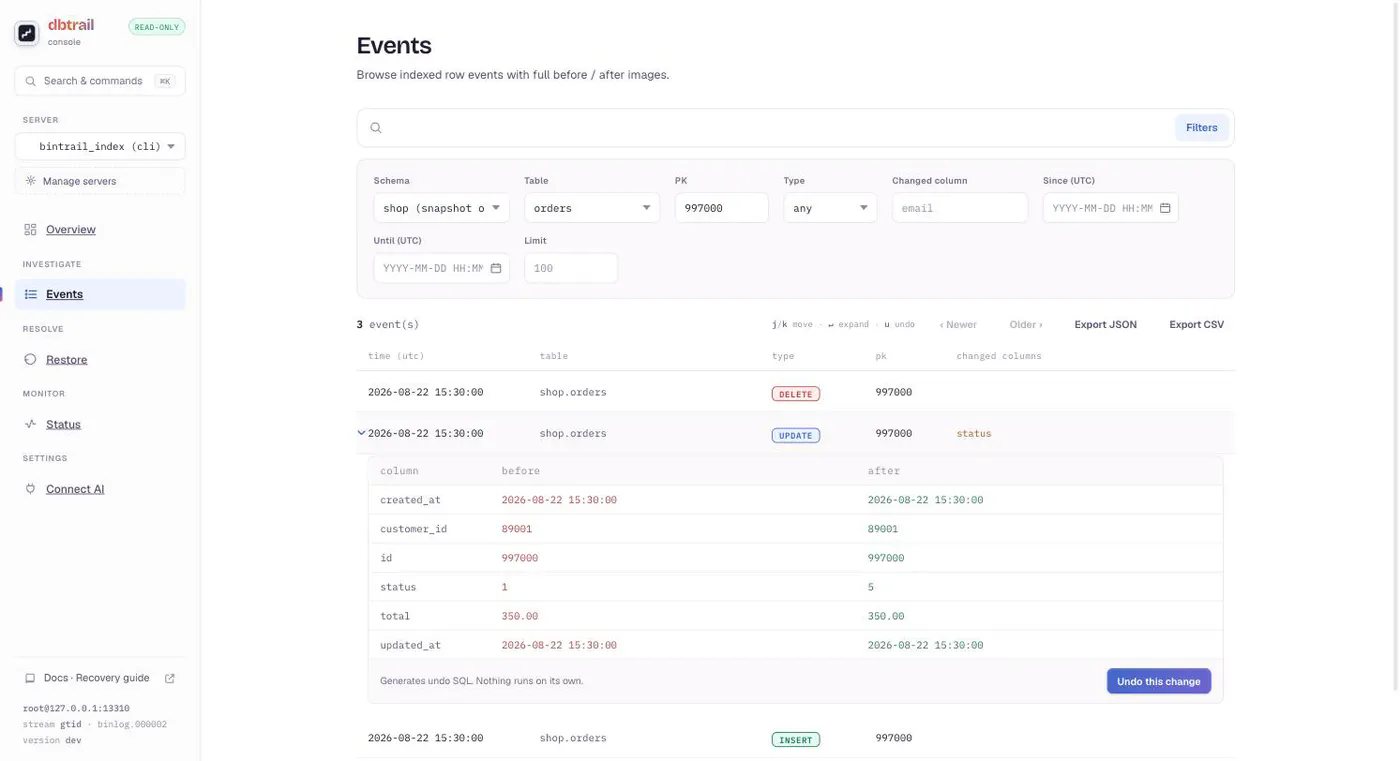 dbtrail console Events view: the three events of order 997000, INSERT then UPDATE then DELETE, with the UPDATE expanded to show full before and after images and an Undo this change button