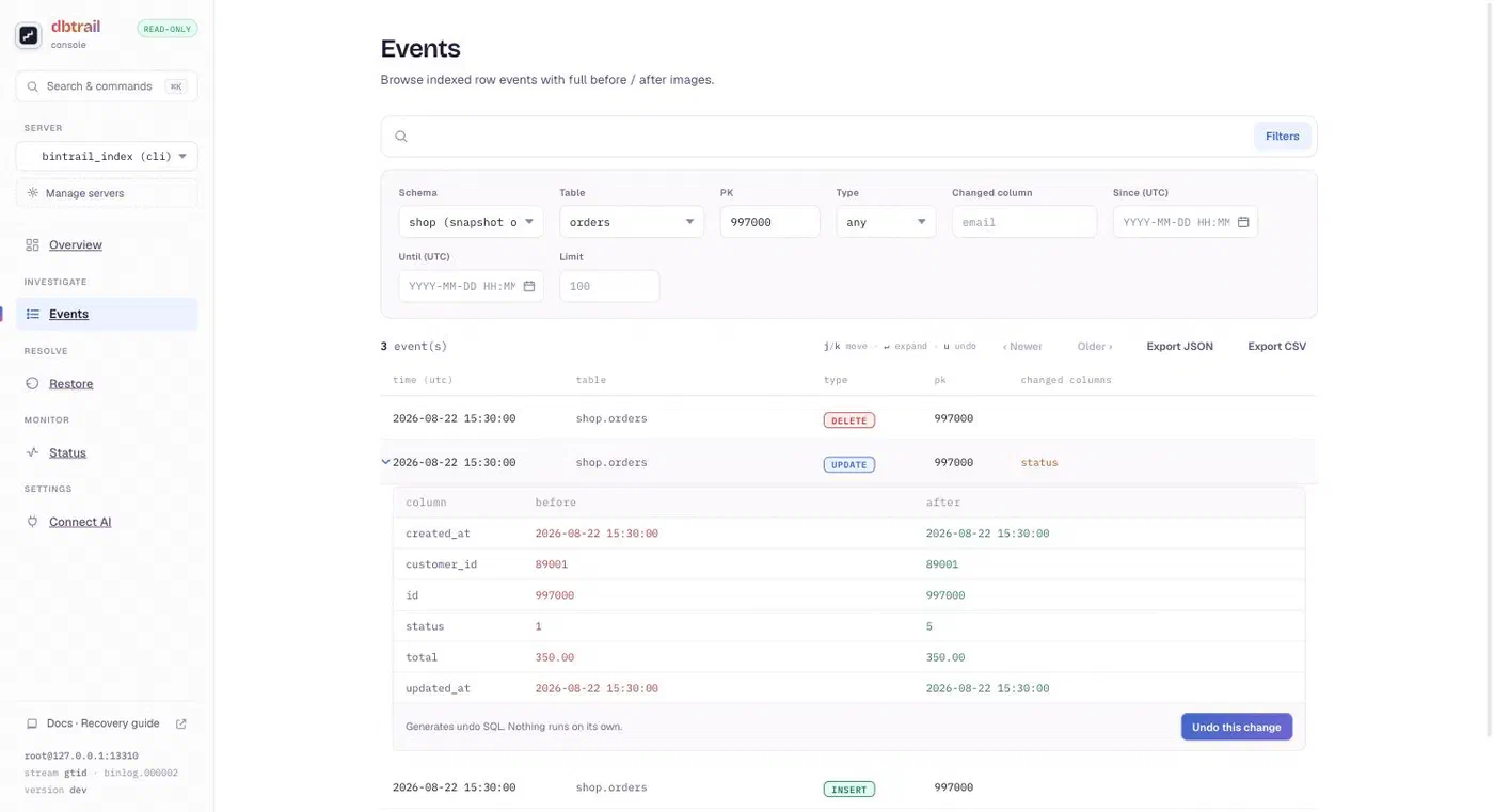 dbtrail console Events view: the three events of order 997000, INSERT then UPDATE then DELETE, with the UPDATE expanded to show full before and after images and an Undo this change button