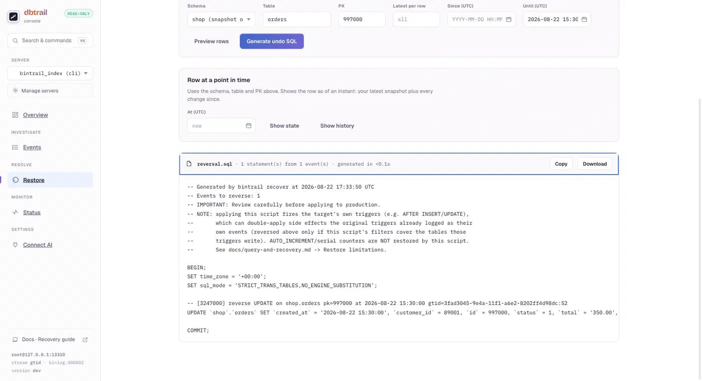 dbtrail console Restore view: one click on Undo this change produced reversal.sql, a reviewed-before-applied script that reverses exactly one UPDATE, with Copy and Download buttons