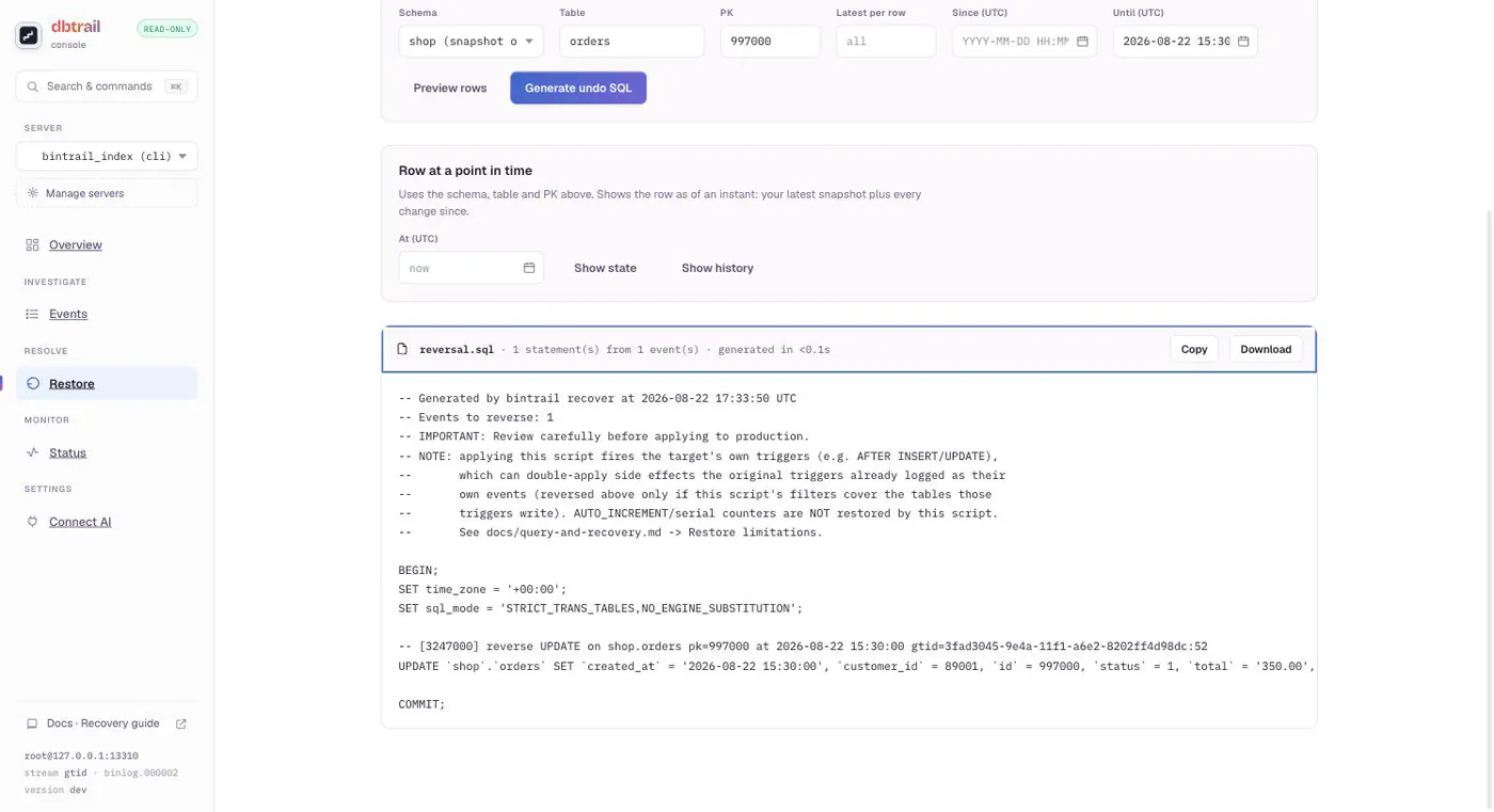 dbtrail console Restore view: one click on Undo this change produced reversal.sql, a reviewed-before-applied script that reverses exactly one UPDATE, with Copy and Download buttons