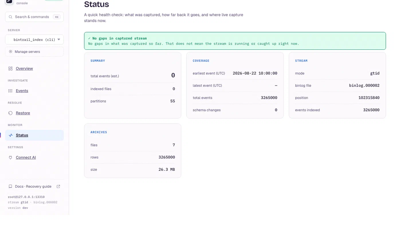 dbtrail console Status view: a green no-gaps verdict, 3,265,000 events captured, and an archive tier of 7 Parquet files totaling 26 MB