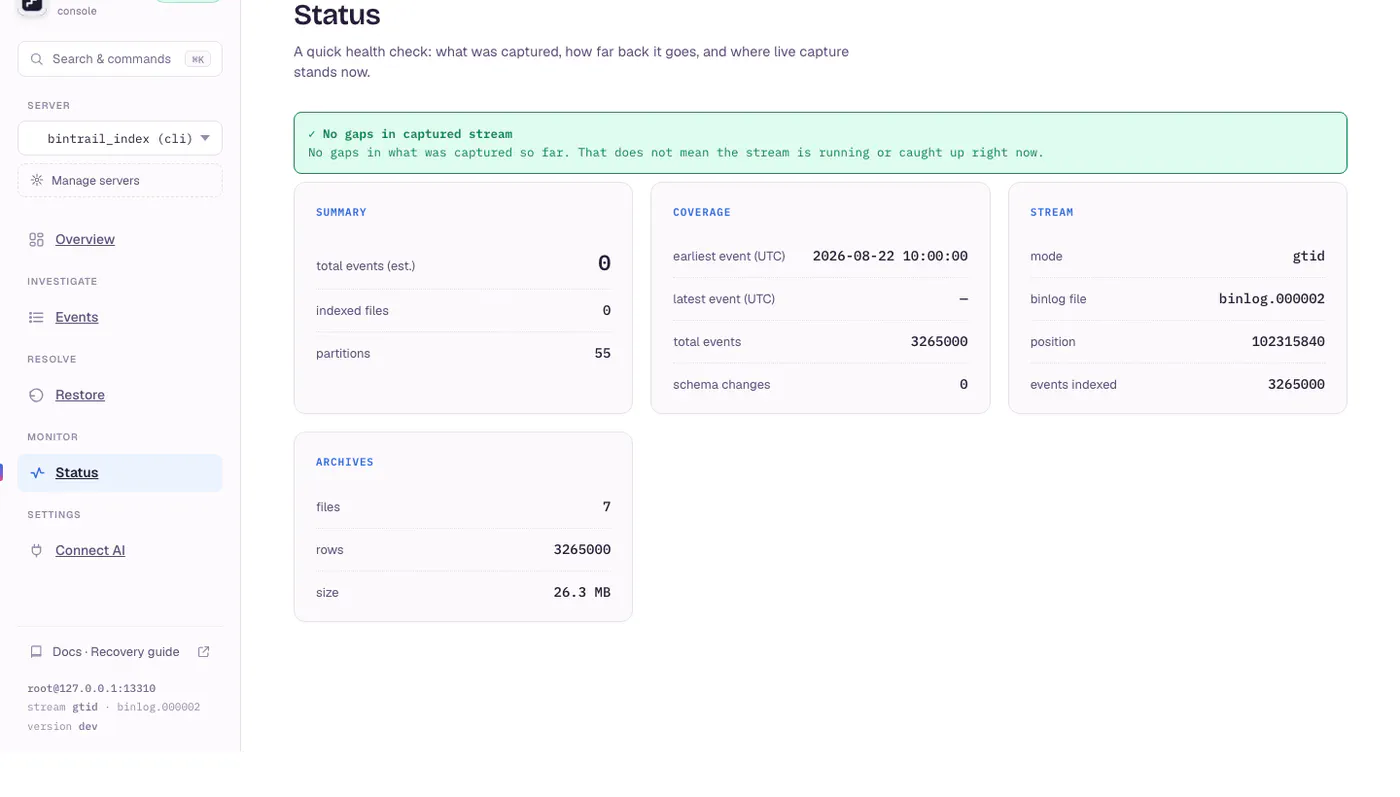 dbtrail console Status view: a green no-gaps verdict, 3,265,000 events captured, and an archive tier of 7 Parquet files totaling 26 MB