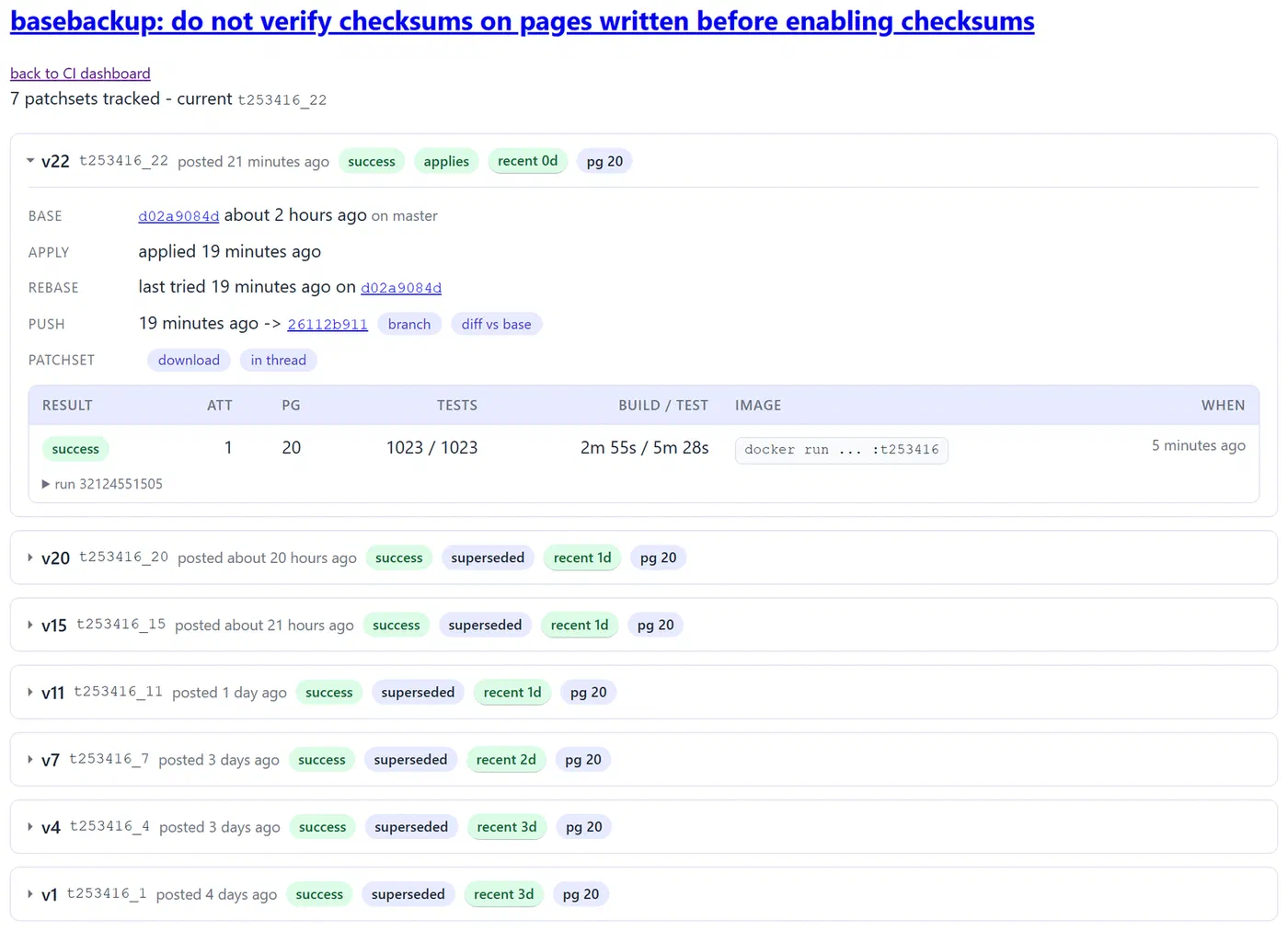 Patch CI history for a thread, showing every tracked patchset version and its result