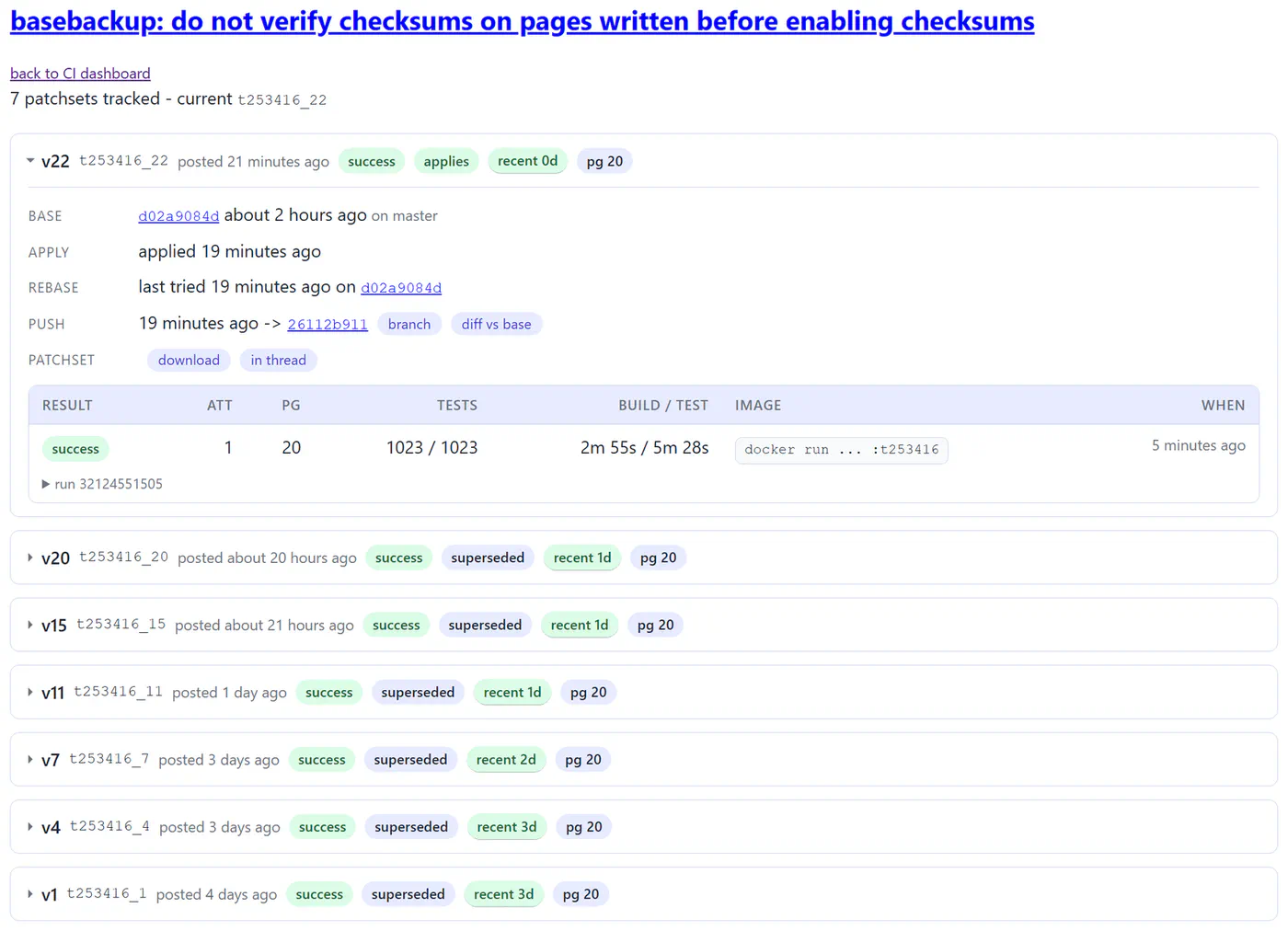 Patch CI history for a thread, showing every tracked patchset version and its result