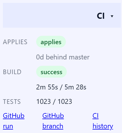 CI status card on a thread, showing apply, build and test results