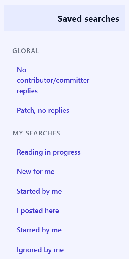 Saved searches in the sidebar, grouped into global and personal searches