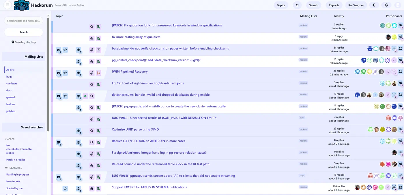 Hackorum topic index showing pg-hackers threads with commitfest, patch and CI status icons