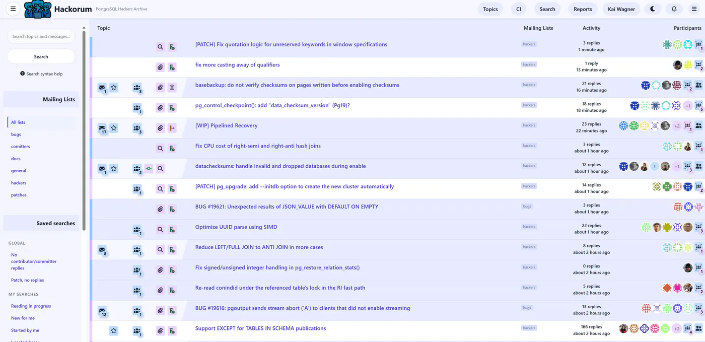 Hackorum topic index showing pg-hackers threads with commitfest, patch and CI status icons