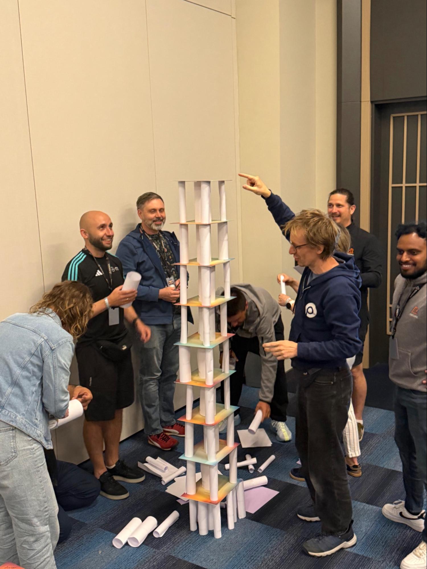Team building a paper tower at the Percona Turkey offsite
