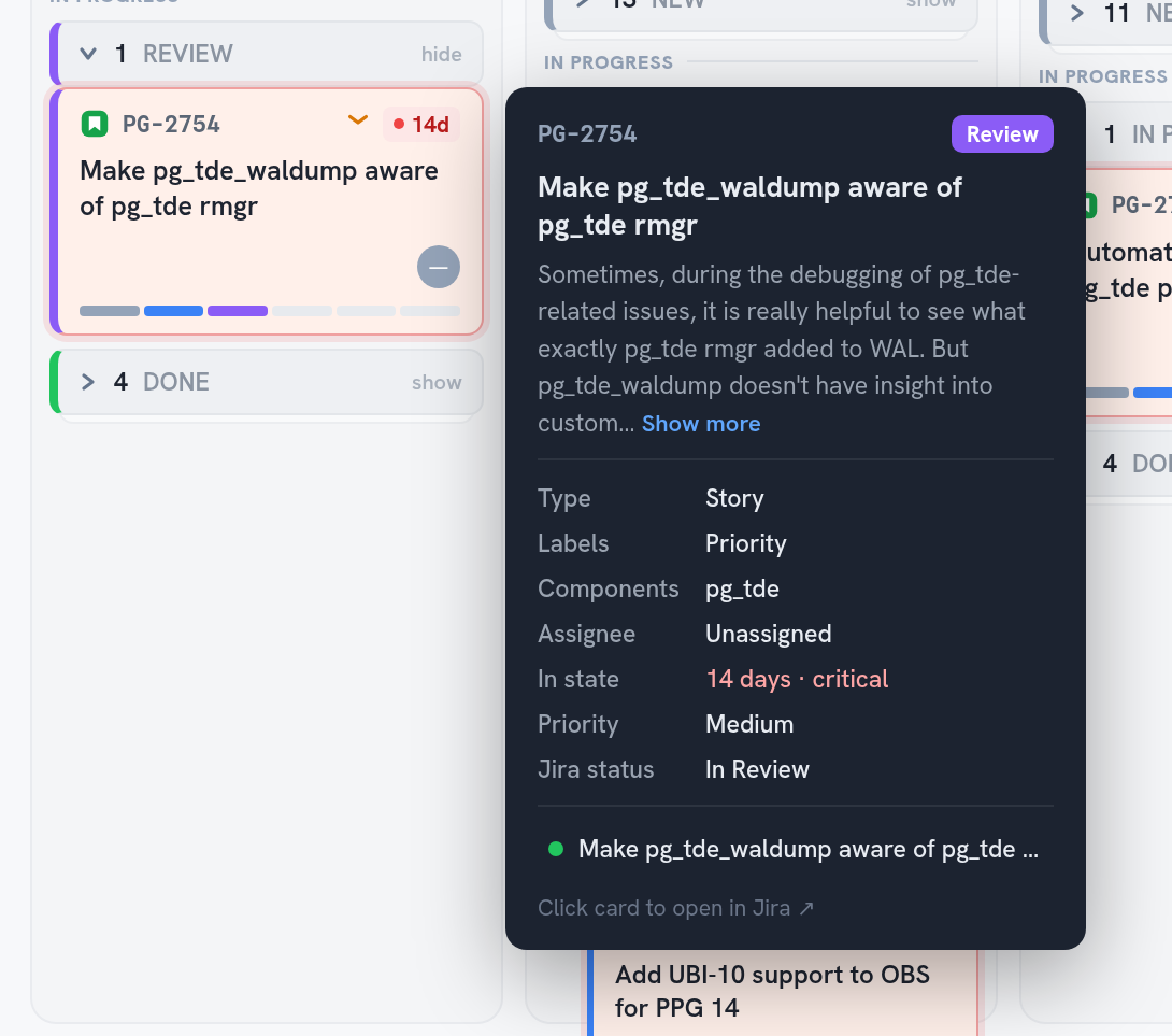 Card tooltip with description, labels, components, time in state and linked pull requests
