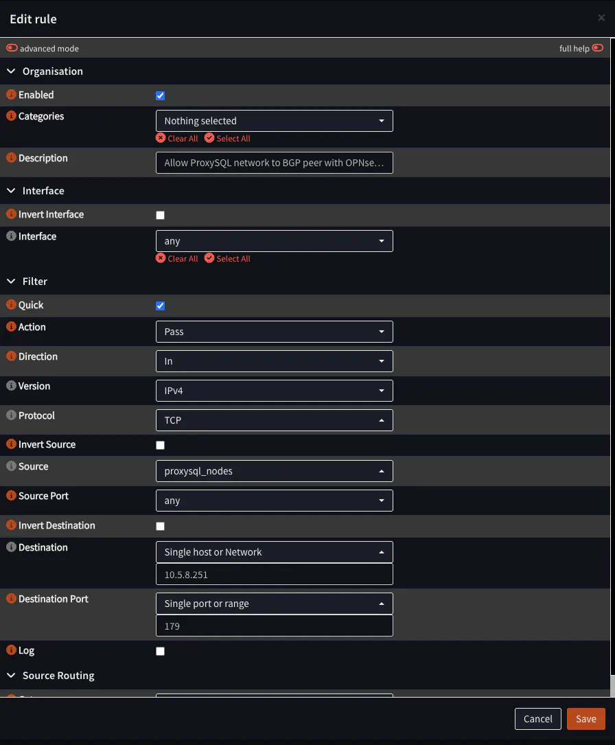 OPNsense Firewall Rule BGP Alias