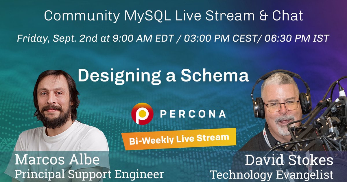 MySQL Designing a Schema - Percona Community MySQL Live Stream & Chat - Sept 2nd