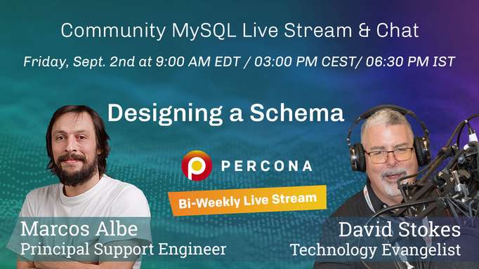 MySQL Designing a Schema - Percona Community MySQL Live Stream & Chat - Sept 2nd