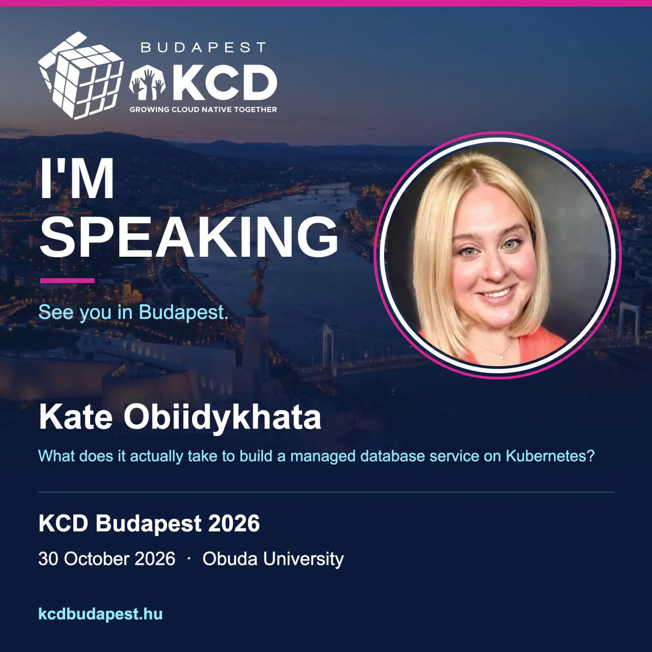 Kate Obiidykhata speaking at KCD Budapest 2026